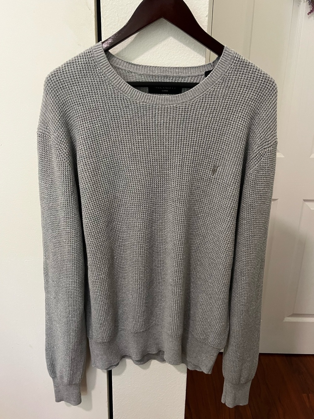 AllSaints Men's Light Gray Waffle Knit Crewneck Sweater
